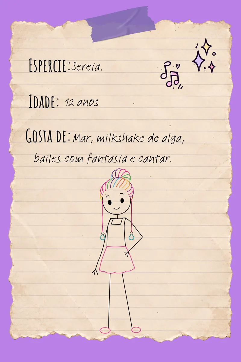 Verso da carta de Estela. Espécie: sereia. Idade: 12 anos. Gosta de: mar, milkshake de alga, bailes com fantasia e cantar.