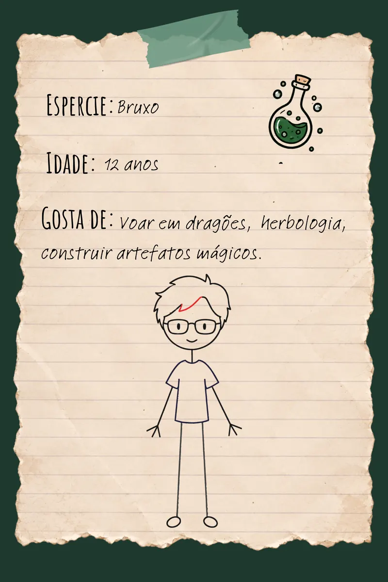 Verso da carta de Kai. Espécie: bruxo. Idade: 12 anos. Gosta de: voar em dragões, herbologia, construir artefatos mágicos.