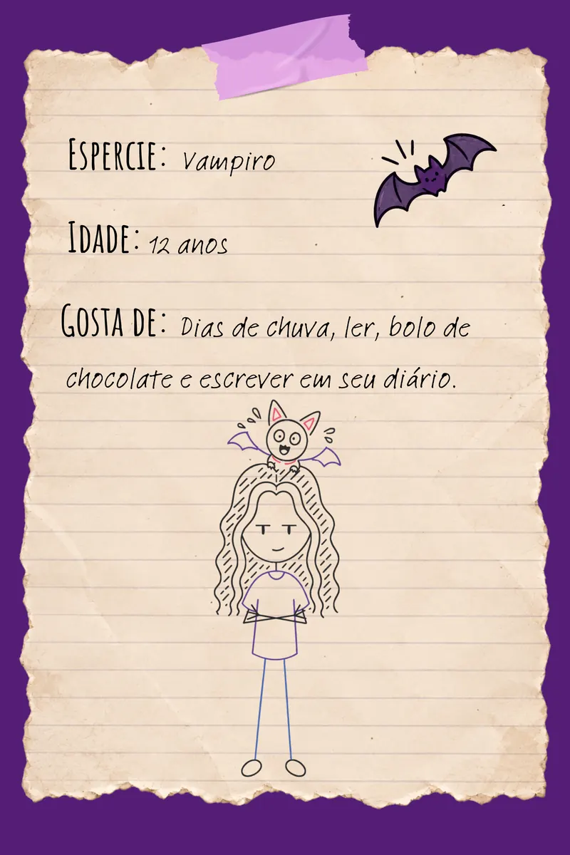 Verso da carta de Ravenna. Espécie: vampiro. Idade: 12 anos. Gosta de: dias de chuva, ler, bolo de chocolate e escrever em seu diário.