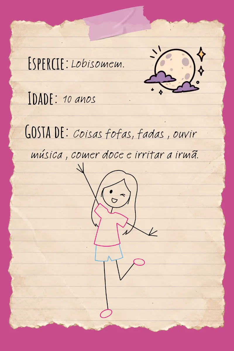 Verso da carta de Trix. Espécie: lobisomem. Idade: 10 anos. Gosta de: coisas fofas, fadas, ouvir música, comer doce e irritar a irmã.